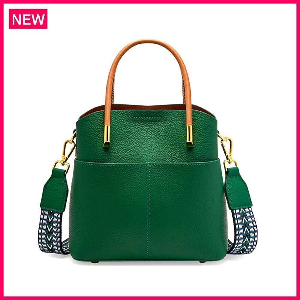 Genuine Leather Bucket Bag, Crossbody with 2 Straps, Spacious 8.26x4.33x8.46